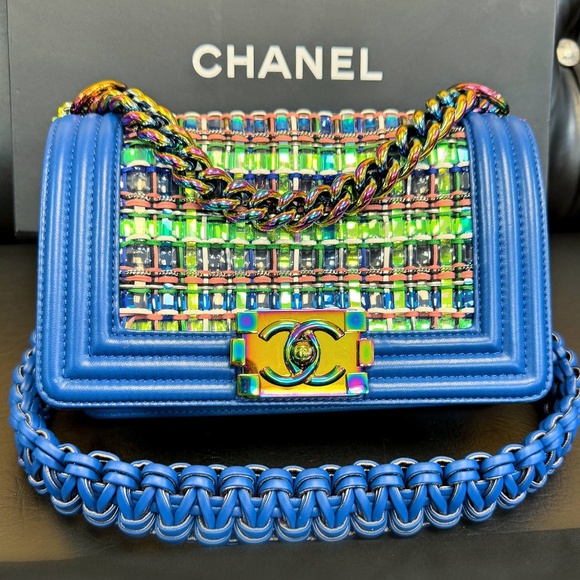 Chanel Old Small Boy Flap Bag Blue Rainbow Woven PVC with Lambskin Multicolor Gr - Picture 1 of 16